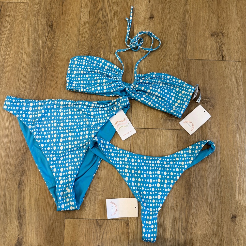 Dippin Daisy's 3pc Bikini Set Blue White Dot Amalfi Top Seaport XL/L NWT